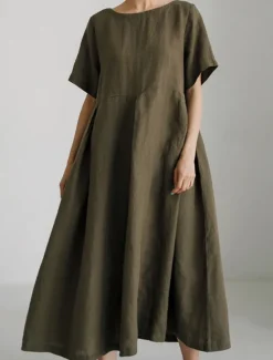 Discount Women's Long Dress Maxi Dress Linen-Inspired Dresses Casual Dress Cotton Linen Dress Stylish Casual Vacation Daily Date Regular Fit Plain Short Sleeve Crew Neck Navy Blue Dark Green Apricot Summer Women Dresses