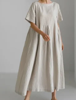 Discount Women's Long Dress Maxi Dress Linen-Inspired Dresses Casual Dress Cotton Linen Dress Stylish Casual Vacation Daily Date Regular Fit Plain Short Sleeve Crew Neck Navy Blue Dark Green Apricot Summer Women Dresses