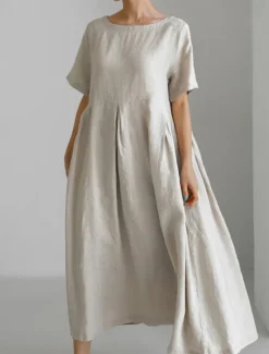 Discount Women's Long Dress Maxi Dress Linen-Inspired Dresses Casual Dress Cotton Linen Dress Stylish Casual Vacation Daily Date Regular Fit Plain Short Sleeve Crew Neck Navy Blue Dark Green Apricot Summer Women Dresses