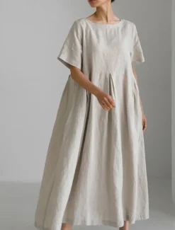 Discount Women's Long Dress Maxi Dress Linen-Inspired Dresses Casual Dress Cotton Linen Dress Stylish Casual Vacation Daily Date Regular Fit Plain Short Sleeve Crew Neck Navy Blue Dark Green Apricot Summer Women Dresses