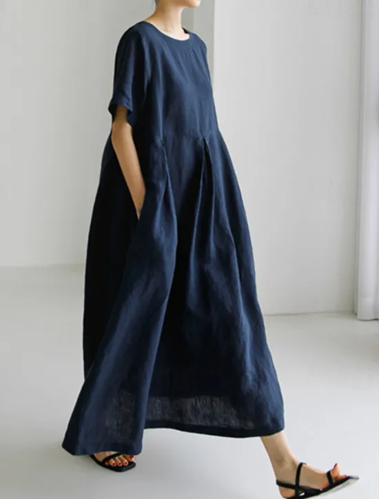 Discount Women's Long Dress Maxi Dress Linen-Inspired Dresses Casual Dress Cotton Linen Dress Stylish Casual Vacation Daily Date Regular Fit Plain Short Sleeve Crew Neck Navy Blue Dark Green Apricot Summer Women Dresses