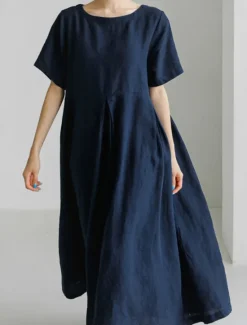 Discount Women's Long Dress Maxi Dress Linen-Inspired Dresses Casual Dress Cotton Linen Dress Stylish Casual Vacation Daily Date Regular Fit Plain Short Sleeve Crew Neck Navy Blue Dark Green Apricot Summer Women Dresses