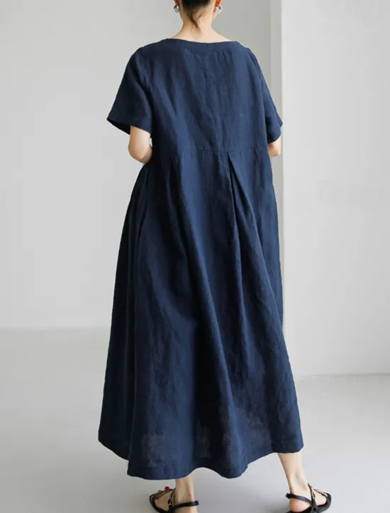 Discount Women's Long Dress Maxi Dress Linen-Inspired Dresses Casual Dress Cotton Linen Dress Stylish Casual Vacation Daily Date Regular Fit Plain Short Sleeve Crew Neck Navy Blue Dark Green Apricot Summer Women Dresses