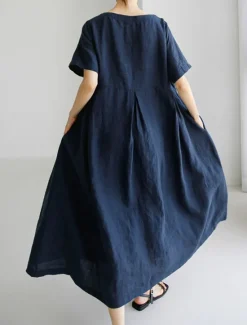 Discount Women's Long Dress Maxi Dress Linen-Inspired Dresses Casual Dress Cotton Linen Dress Stylish Casual Vacation Daily Date Regular Fit Plain Short Sleeve Crew Neck Navy Blue Dark Green Apricot Summer Women Dresses