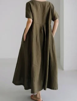 Discount Women's Long Dress Maxi Dress Linen-Inspired Dresses Casual Dress Cotton Linen Dress Stylish Casual Vacation Daily Date Regular Fit Plain Short Sleeve Crew Neck Navy Blue Dark Green Apricot Summer Women Dresses