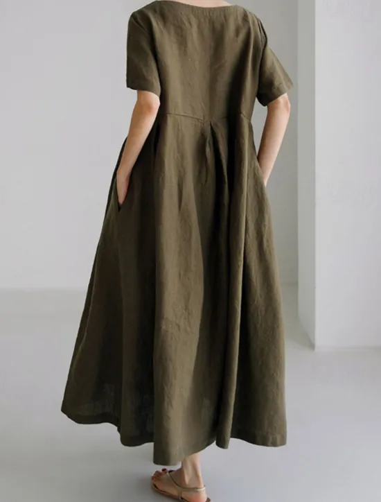 Discount Women's Long Dress Maxi Dress Linen-Inspired Dresses Casual Dress Cotton Linen Dress Stylish Casual Vacation Daily Date Regular Fit Plain Short Sleeve Crew Neck Navy Blue Dark Green Apricot Summer Women Dresses
