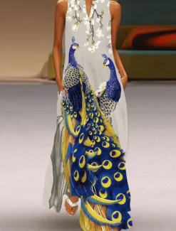Outlet Women's Long Dress Maxi Dress Casual Dress Print Dress Floral Peacock Fish Streetwear Casual Outdoor Vacation Going out Pocket Print Sleeveless V Neck Dress Regular Fit Yellow Royal Blue Blue Summer Women Vacation Dresses