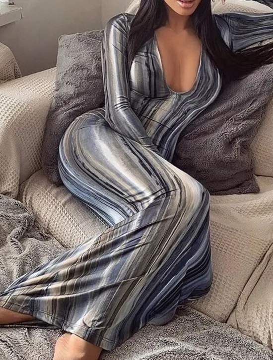 Hot Women's Long Dress Maxi Dress Casual Dress Boho Dress Fashion Modern Outdoor Holiday Date Regular Fit Striped Long Sleeve Deep V Orange Green Gray Summer Spring Women Floral Dresses