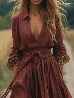 Sale Women's Long Dress Maxi Dress Casual Dress Swing Dress Summer Dress Boho Dress Vintage Vacation Daily Holiday Regular Fit Leopard Long Sleeve V Neck Fuchsia Summer Women Floral Dresses