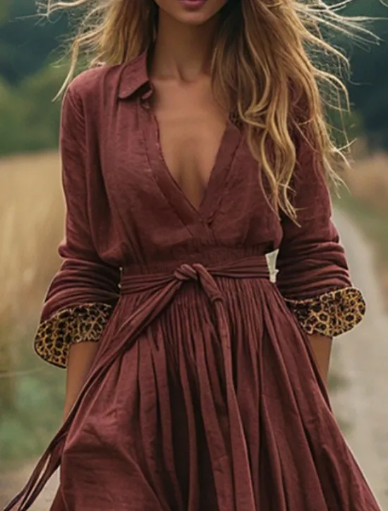 Sale Women's Long Dress Maxi Dress Casual Dress Swing Dress Summer Dress Boho Dress Vintage Vacation Daily Holiday Regular Fit Leopard Long Sleeve V Neck Fuchsia Summer Women Floral Dresses