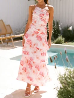 Clearance Women's Long Dress Maxi Dress Floral Dress Print Dress Fashion Modern Outdoor Vacation Holiday Regular Fit Flower Sleeveless One Shoulder Pink Blue Light Purple Light Blue Summer Women Floral Dresses