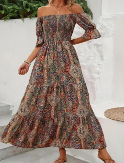 Clearance Women's Long Dress Maxi Dress A Line Dress Summer Dress Boho Dress Elegant Bohemia Stylish Vacation Daily Date Regular Fit Graphic Short Sleeve Off Shoulder Green Dark Blue Summer Women Floral Dresses|Spring Dresses