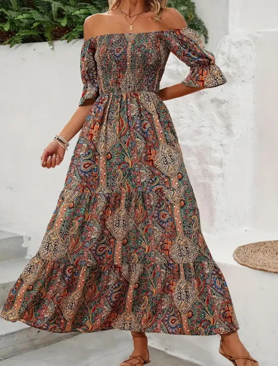 Clearance Women's Long Dress Maxi Dress A Line Dress Summer Dress Boho Dress Elegant Bohemia Stylish Vacation Daily Date Regular Fit Graphic Short Sleeve Off Shoulder Green Dark Blue Summer Women Floral Dresses|Spring Dresses