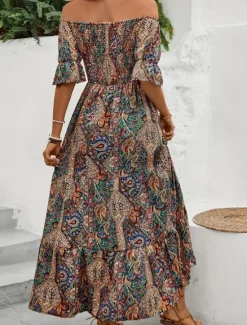 Clearance Women's Long Dress Maxi Dress A Line Dress Summer Dress Boho Dress Elegant Bohemia Stylish Vacation Daily Date Regular Fit Graphic Short Sleeve Off Shoulder Green Dark Blue Summer Women Floral Dresses|Spring Dresses