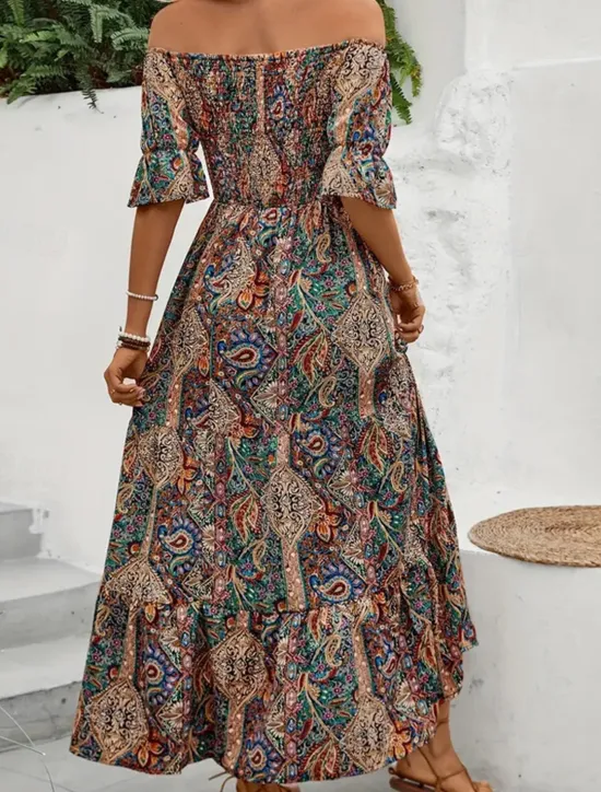 Clearance Women's Long Dress Maxi Dress A Line Dress Summer Dress Boho Dress Elegant Bohemia Stylish Vacation Daily Date Regular Fit Graphic Short Sleeve Off Shoulder Green Dark Blue Summer Women Floral Dresses|Spring Dresses