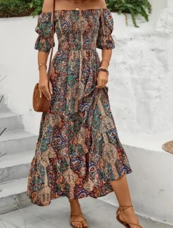 Clearance Women's Long Dress Maxi Dress A Line Dress Summer Dress Boho Dress Elegant Bohemia Stylish Vacation Daily Date Regular Fit Graphic Short Sleeve Off Shoulder Green Dark Blue Summer Women Floral Dresses|Spring Dresses