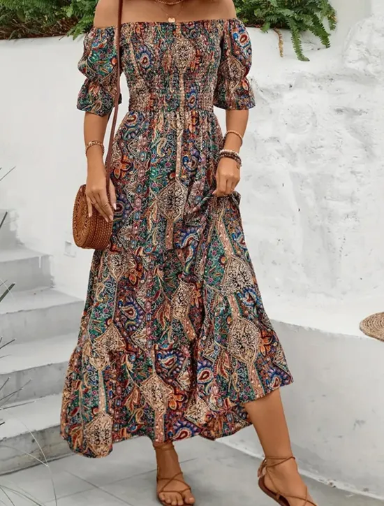 Clearance Women's Long Dress Maxi Dress A Line Dress Summer Dress Boho Dress Elegant Bohemia Stylish Vacation Daily Date Regular Fit Graphic Short Sleeve Off Shoulder Green Dark Blue Summer Women Floral Dresses|Spring Dresses