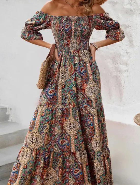 Clearance Women's Long Dress Maxi Dress A Line Dress Summer Dress Boho Dress Elegant Bohemia Stylish Vacation Daily Date Regular Fit Graphic Short Sleeve Off Shoulder Green Dark Blue Summer Women Floral Dresses|Spring Dresses