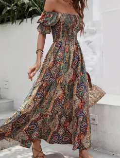 Clearance Women's Long Dress Maxi Dress A Line Dress Summer Dress Boho Dress Elegant Bohemia Stylish Vacation Daily Date Regular Fit Graphic Short Sleeve Off Shoulder Green Dark Blue Summer Women Floral Dresses|Spring Dresses