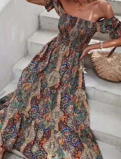 Clearance Women's Long Dress Maxi Dress A Line Dress Summer Dress Boho Dress Elegant Bohemia Stylish Vacation Daily Date Regular Fit Graphic Short Sleeve Off Shoulder Green Dark Blue Summer Women Floral Dresses|Spring Dresses