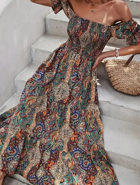Clearance Women's Long Dress Maxi Dress A Line Dress Summer Dress Boho Dress Elegant Bohemia Stylish Vacation Daily Date Regular Fit Graphic Short Sleeve Off Shoulder Green Dark Blue Summer Women Floral Dresses|Spring Dresses