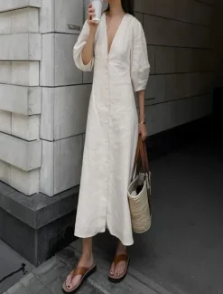 Clearance Women's Long Dress Maxi Dress Casual Dress Summer Dress Boho Dress Elegant Fashion Basic Puff Sleeve Office Birthday Daily Regular Fit Plain Half Sleeve Deep V Summer Spring Fall Women White Dresses