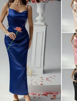 Women's Long Dress Maxi Dress Prom Dress Party Dress Satin Dress Elegant Mature Elegant Dress Wedding Party Wedding Guest Regular Fit Plain Sleeveless Spaghetti Strap Black Champagne Pink Blue Summer Women Sundresses