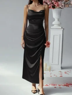 Women's Long Dress Maxi Dress Prom Dress Party Dress Satin Dress Elegant Mature Elegant Dress Wedding Party Wedding Guest Regular Fit Plain Sleeveless Spaghetti Strap Black Champagne Pink Blue Summer Women Sundresses