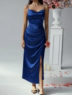 Women's Long Dress Maxi Dress Prom Dress Party Dress Satin Dress Elegant Mature Elegant Dress Wedding Party Wedding Guest Regular Fit Plain Sleeveless Spaghetti Strap Black Champagne Pink Blue Summer Women Sundresses