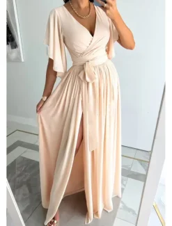 Discount Women's Long Dress Maxi Dress Formal Dress Fashion Flare Cuff Sleeve Party Date Regular Fit Plain Short Sleeve V Neck Black Red Blue Khaki Summer Women White Dresses