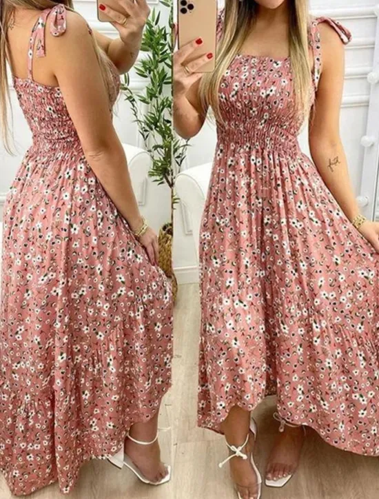 Women's Long Dress Maxi Dress A Line Dress Floral Dress Summer Dress Cami Dress Elegant Stylish Vacation Daily Date Regular Fit Floral Sleeveless Square Neck Yellow Pink Red Dark Blue Summer Women Spring Dresses