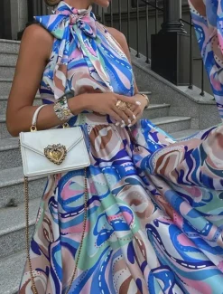Sale Women's Long Dress Maxi Dress Casual Dress Cocktail Dress Wedding Guest Dress Chiffon Dress Stylish Casual Vacation Daily Date Regular Fit Color Gradient Sleeveless Stand Collar Pink Blue Summer Women Cocktail Dress