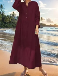 Best Women's Long Dress Maxi Dress Linen-Inspired Dresses Cotton Linen Dress Hawaiian Regular Fit Solid Color Long Sleeve Crew Neck claret Beige Summer Spring Women Dresses