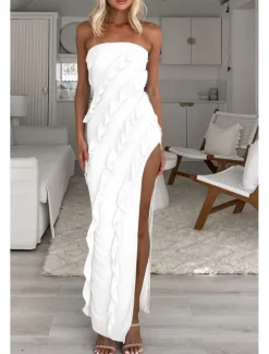New Women's Long Dress Maxi Dress Dress Graduation Dress Party Dress Elegant Fashion Party Birthday Graduation Regular Fit Plain Sleeveless Strapless Summer Women White Dresses