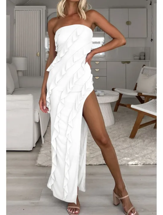 New Women's Long Dress Maxi Dress Dress Graduation Dress Party Dress Elegant Fashion Party Birthday Graduation Regular Fit Plain Sleeveless Strapless Summer Women White Dresses
