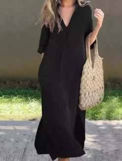 Online Women's Long Dress Maxi Dress Linen-Inspired Dresses Elegant Regular Fit Half Sleeve V Neck Black White Summer Spring Women Dresses