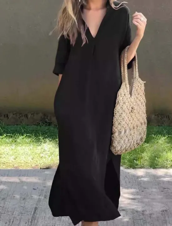 Online Women's Long Dress Maxi Dress Linen-Inspired Dresses Elegant Regular Fit Half Sleeve V Neck Black White Summer Spring Women Dresses