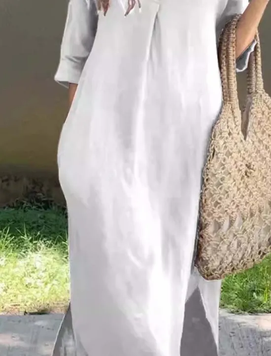 Online Women's Long Dress Maxi Dress Linen-Inspired Dresses Elegant Regular Fit Half Sleeve V Neck Black White Summer Spring Women Dresses
