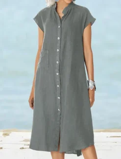 Sale Women's Long Dress Maxi Dress Linen-Inspired Dresses Shirt Dress Casual Dress Cotton Linen Dress Stylish Casual Vacation Daily Date Regular Fit Plain Short Sleeve Stand Collar Black White Gray Summer Women Dresses