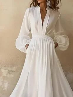 New Women's Long Dress Maxi Dress Dress Swing Dress Fashion Outdoor Vacation Holiday Regular Fit Plain Long Sleeve V Neck Summer Women White Dresses