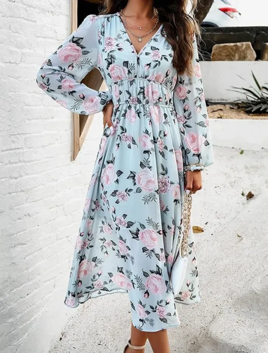 Hot Women's Long Dress Maxi Dress Casual Dress A Line Dress Floral Dress Summer Dress Elegant Stylish Vacation Daily Date Regular Fit Floral Long Sleeve V Neck Pink Light Blue Summer Women Spring Dresses