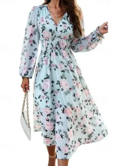 Hot Women's Long Dress Maxi Dress Casual Dress A Line Dress Floral Dress Summer Dress Elegant Stylish Vacation Daily Date Regular Fit Floral Long Sleeve V Neck Pink Light Blue Summer Women Spring Dresses