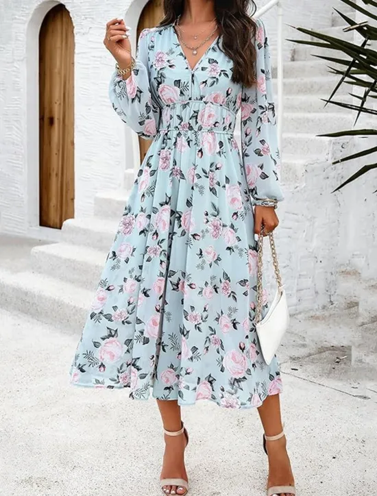 Hot Women's Long Dress Maxi Dress Casual Dress A Line Dress Floral Dress Summer Dress Elegant Stylish Vacation Daily Date Regular Fit Floral Long Sleeve V Neck Pink Light Blue Summer Women Spring Dresses