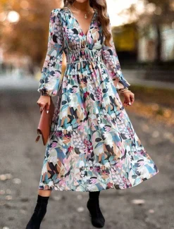 Hot Women's Long Dress Maxi Dress Casual Dress A Line Dress Floral Dress Summer Dress Elegant Stylish Vacation Daily Date Regular Fit Floral Long Sleeve V Neck Pink Light Blue Summer Women Spring Dresses