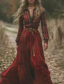 Outlet Women's Long Dress Maxi Dress Plaid Dress Casual Dress Swing Dress Summer Dress Vintage Vacation Daily Holiday Regular Fit Plaid Long Sleeve V Neck Summer Women Floral Dresses