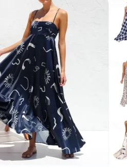 Online Women's Long Dress Maxi Dress Casual Dress Maxi Dress Summer Dress Slip Dress Stylish Casual Vacation Daily Date Regular Fit Geometric Sleeveless Strap Navy Blue Khaki Apricot Summer Spring Women Spring Dresses