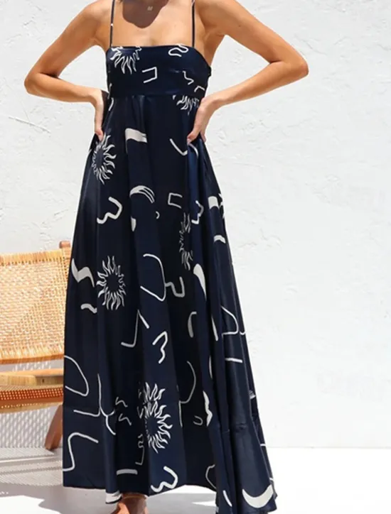 Online Women's Long Dress Maxi Dress Casual Dress Maxi Dress Summer Dress Slip Dress Stylish Casual Vacation Daily Date Regular Fit Geometric Sleeveless Strap Navy Blue Khaki Apricot Summer Spring Women Spring Dresses