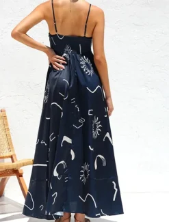Online Women's Long Dress Maxi Dress Casual Dress Maxi Dress Summer Dress Slip Dress Stylish Casual Vacation Daily Date Regular Fit Geometric Sleeveless Strap Navy Blue Khaki Apricot Summer Spring Women Spring Dresses