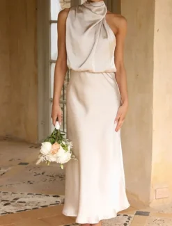 Sale Women's Long Dress Maxi Dress Prom Dress Casual Dress Satin Dress Summer Dress Fashion Outdoor Holiday Date Regular Fit Plain Sleeveless Halter Neck Black Apricot Rose Pink Summer Spring Women Cocktail Dress