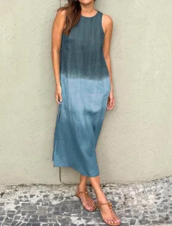 Online Women's Long Dress Maxi Dress Maxi Dress Linen-Inspired Dresses Cotton Linen Dress Sundress Cotton Summer Dress Stylish Vacation Daily Date Regular Fit Ombre Short Sleeve Crew Neck Blue Purple Brown Women Dresses